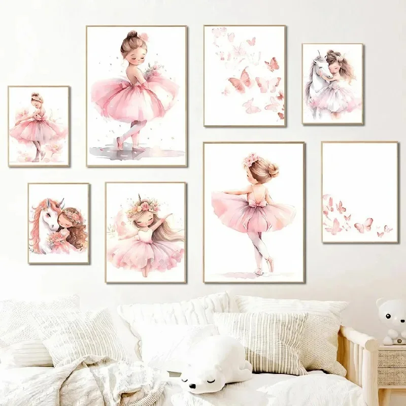 Baby Nursery Decor Girl - สีชมพูบัลเลริน่าสาวยูนิคอร์นผีเสื้อโปสเตอร์ห้องเด็กตกแต่งผ้าใบโปสเตอร์ศิลปะบนผนังเนอสเซอรี่โปสเตอร์ตกแต่งห้องนอนเด็ก