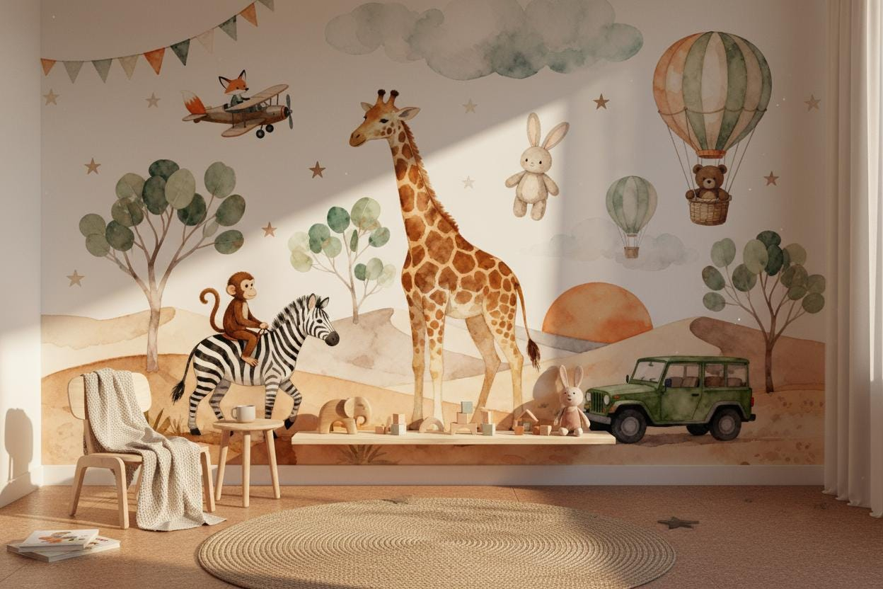 Baby Nursery Peel And Stick Wallpaper - วอลเปเปอร์ติดผนังลายสัตว์การ์ตูน สำหรับห้องเด็ก ลายสีน้ำ ซาฟารี อวกาศ บอลลูนลมร้อน