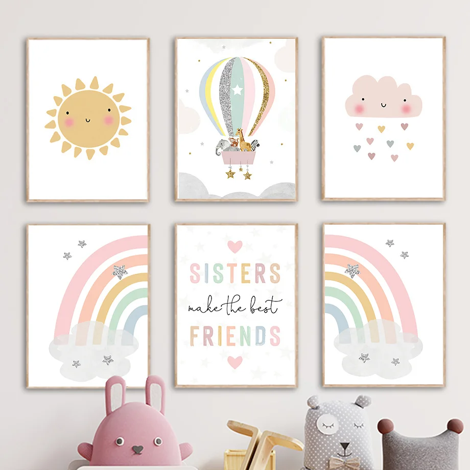 Baby Nursery Decor Girl - ยีราฟ ช้าง บอลลูนลมร้อน ดวงอาทิตย์ สายรุ้ง ห้องเด็ก