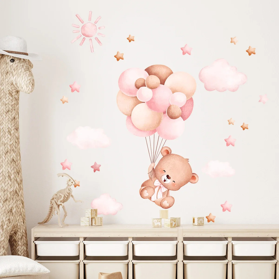 Baby Girl Nursery Quotes - สติกเกอร์ติดผนังลายหมีบอลลูนการ์ตูนสีน้ำ สำหรับตกแต่งห้องเด็ก ห้องนอนเด็กผู้หญิง ห้องนั่งเล่น และตกแต่งบ้าน