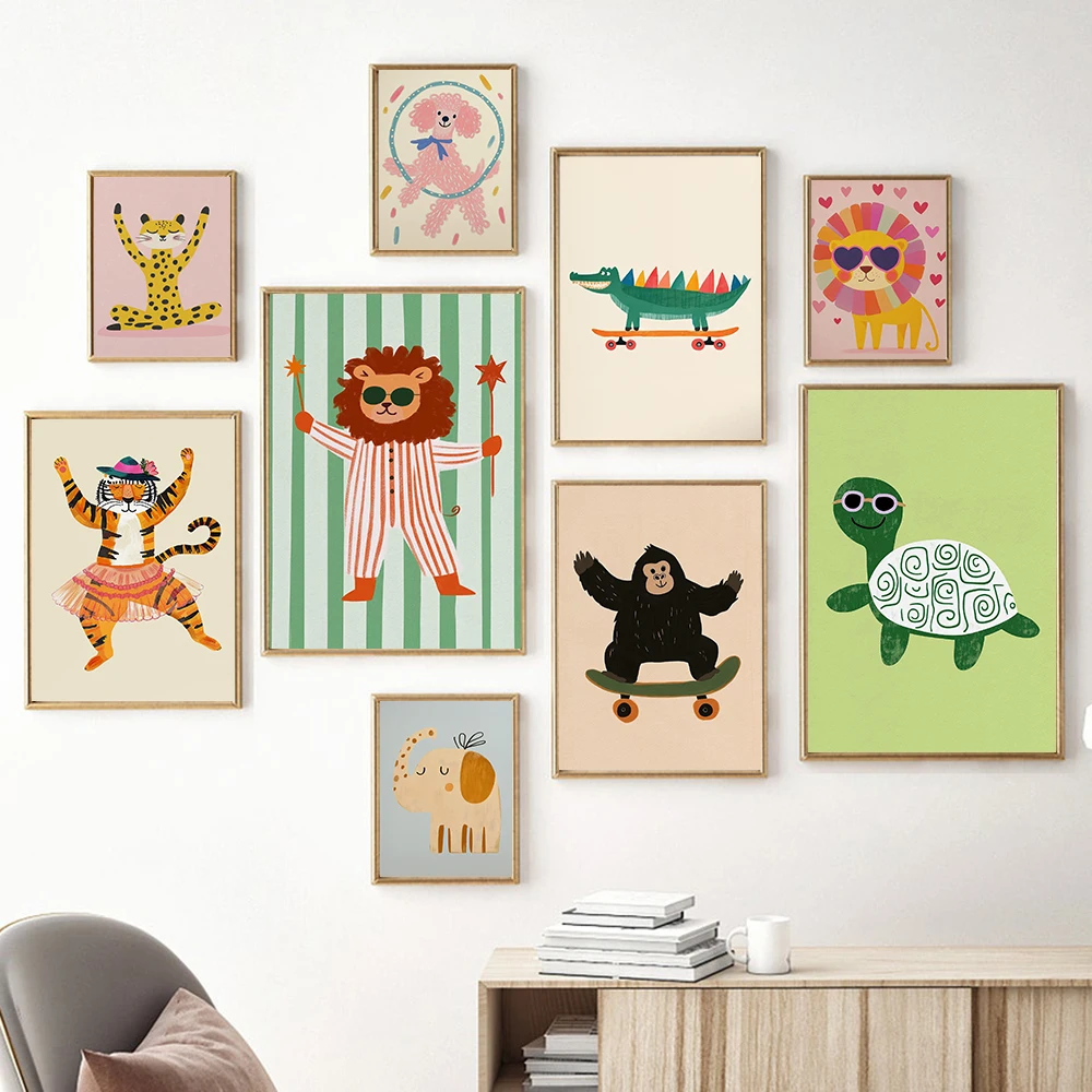 Baby Nursery Frames - โปสเตอร์ผ้าแคนวาสสไตล์มินิมอล ลายสัตว์ซาฟารี ช้าง สิงโต เสือดาว โยคะ