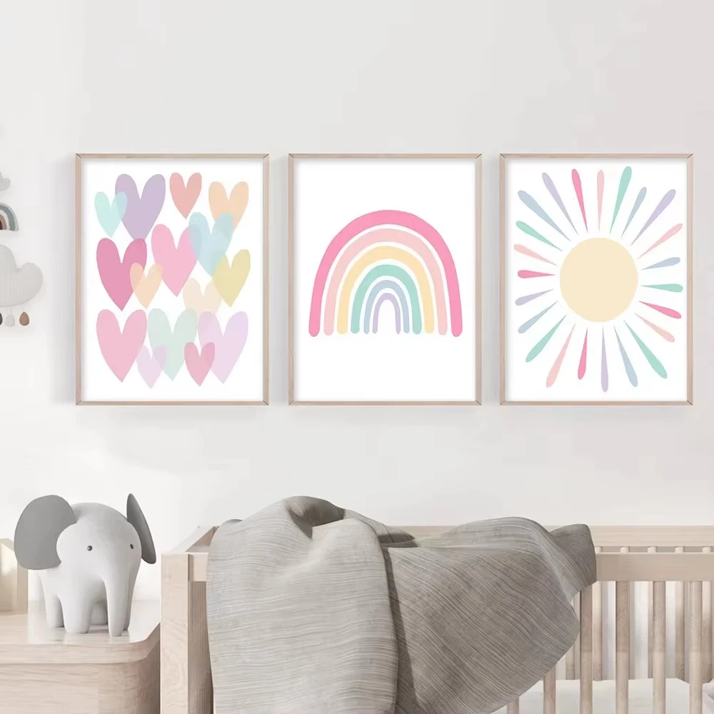 Baby Nursery Frames - (ไม่มีกรอบ) โปสเตอร์รูปหัวใจการ์ตูน ภาพวาดศิลปะสำหรับห้องเด็ก ภาพพิมพ์แคนวาส โปสเตอร์และภาพพิมพ์ลายพระอาทิตย์และสายรุ้ง ภาพติดผนังสไตล์นอร์ดิก