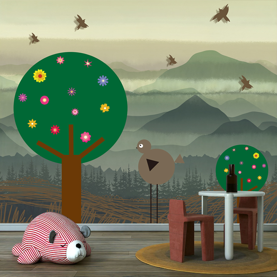 Baby Nursery Peel And Stick Wallpaper - วอลเปเปอร์ลายการ์ตูนป่าไม้แบบลอกติดเอง ตกแต่งบ้านสำหรับห้องนั่งเล่น ห้องนอน ห้องเด็ก ลายต้นไม้